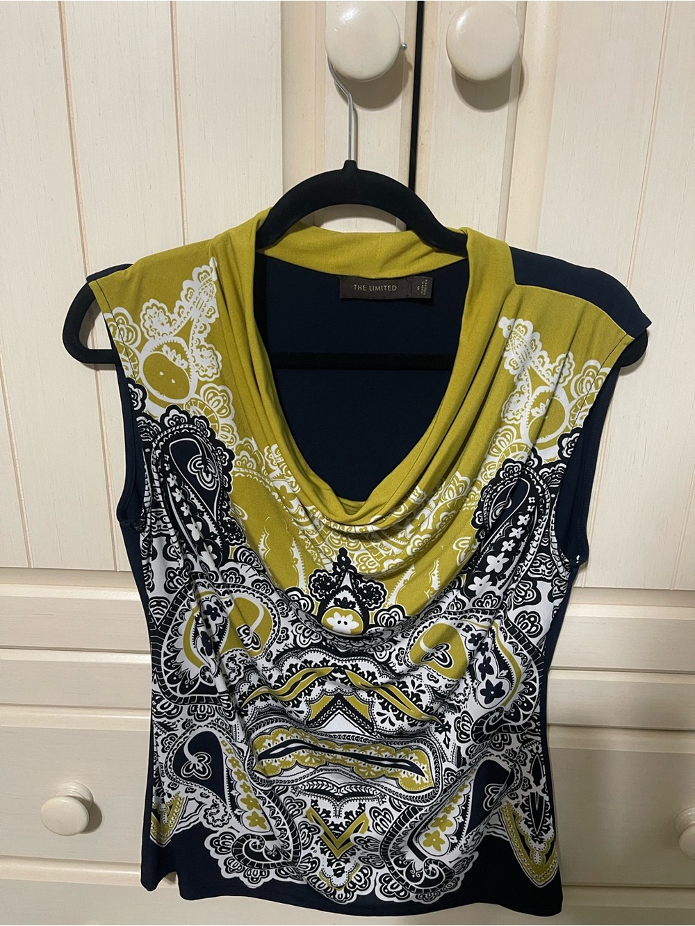 The Limited Olive Green & Navy Paisley Cowl Neck Sleeveless Top